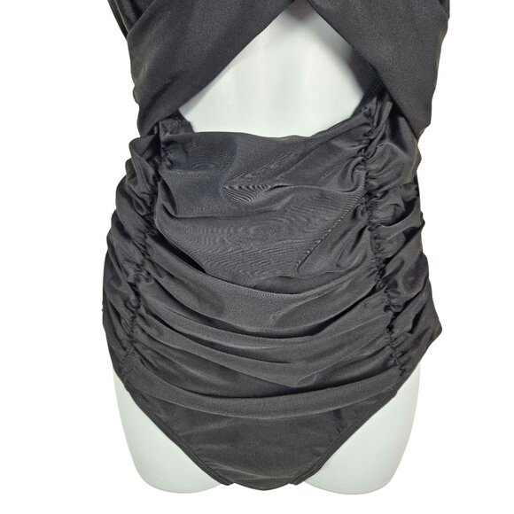 Womens Large Black Crisscross Ruched One-Piece Swimsuit Adjustable Straps Cutout - Picture 8 of 11